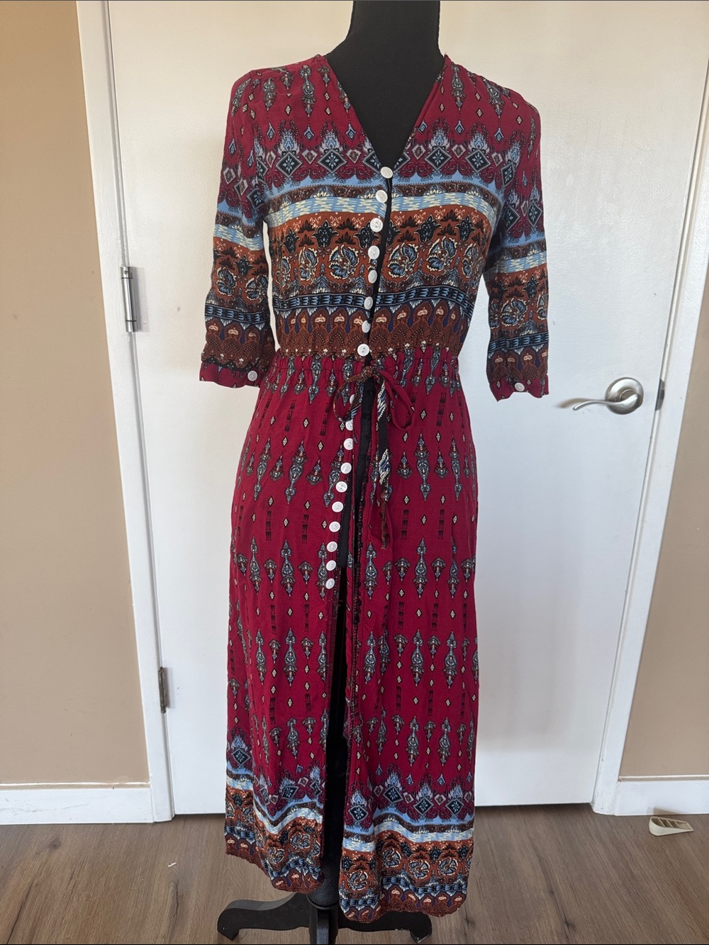 Women's Burgundy Bohemian Button-Front Maxi Dress